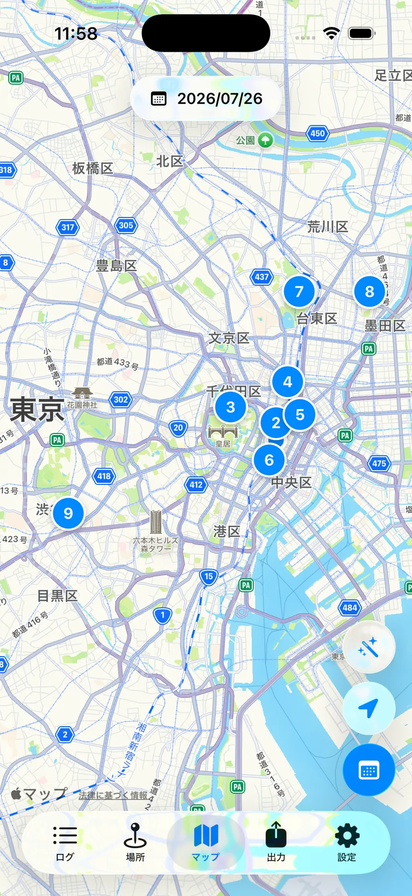 Silica map view showing nine numbered places visited across Tokyo on 2026-07-26
